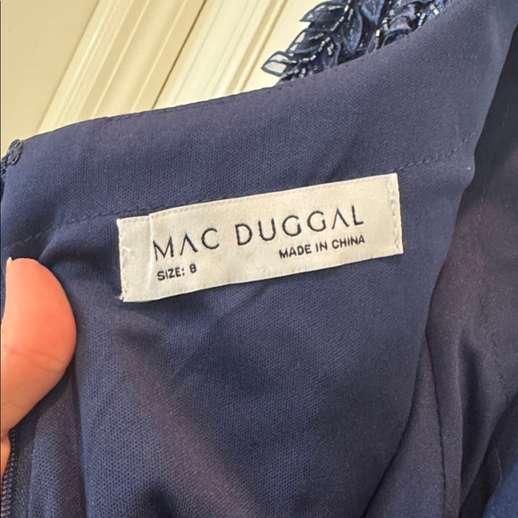 NWT Mac Duggal 11187 Blue Embroidered Lace Applique Shoulder Detail Trumpet Gown - Picture 8 of 10